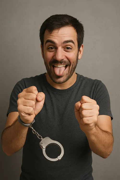 Hombre juguetón con esposas