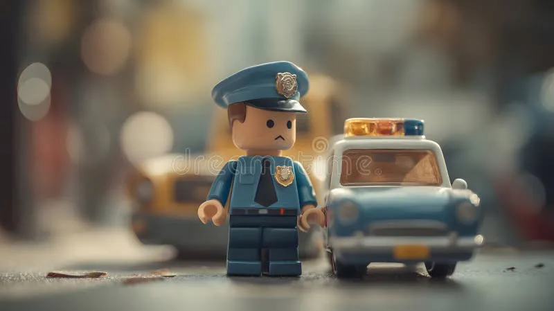 oficial-de-policía-juguetes-parado-al-lado-un-auto-en-miniatura-la-escena-una-calle-ciudad-figura-se-encuentra-junto-juguete-404622130