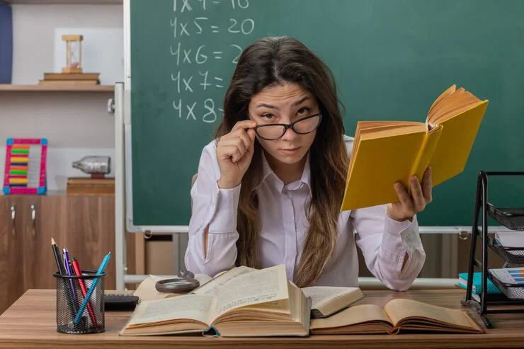 profesora-joven-gafas-libro-concentrado-sentado-pupitre-delante-pizarra-aula_141793-62342