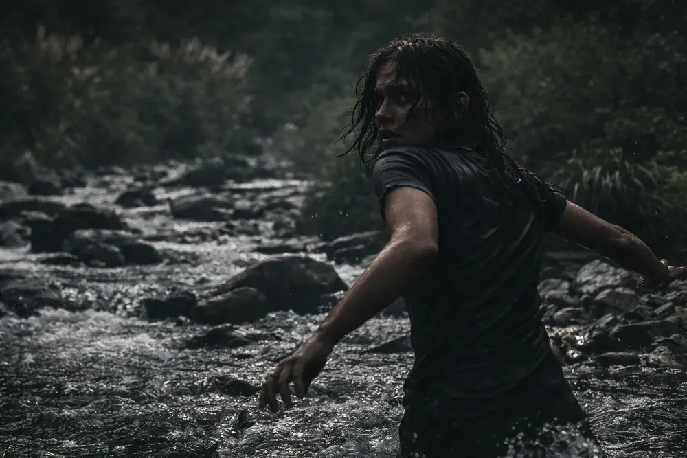 Mujer huyendo en el río